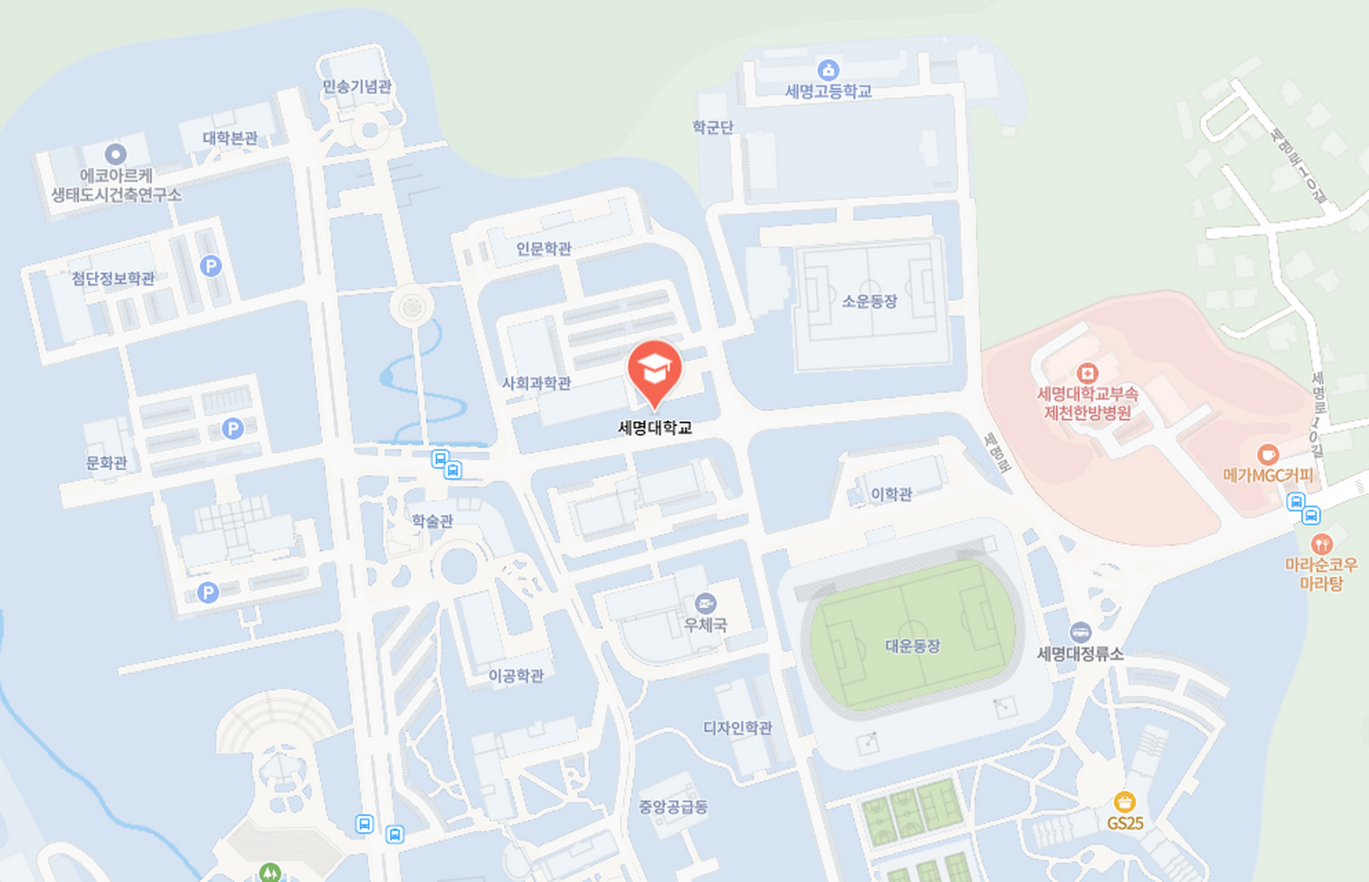세명대학교 위치를 표시한 지도. 충청북도 제천시 세명로 65